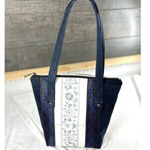 Handmade Upcycled Color Block Embroidered Shoulder Tote Bag Cotton Lined Pockets